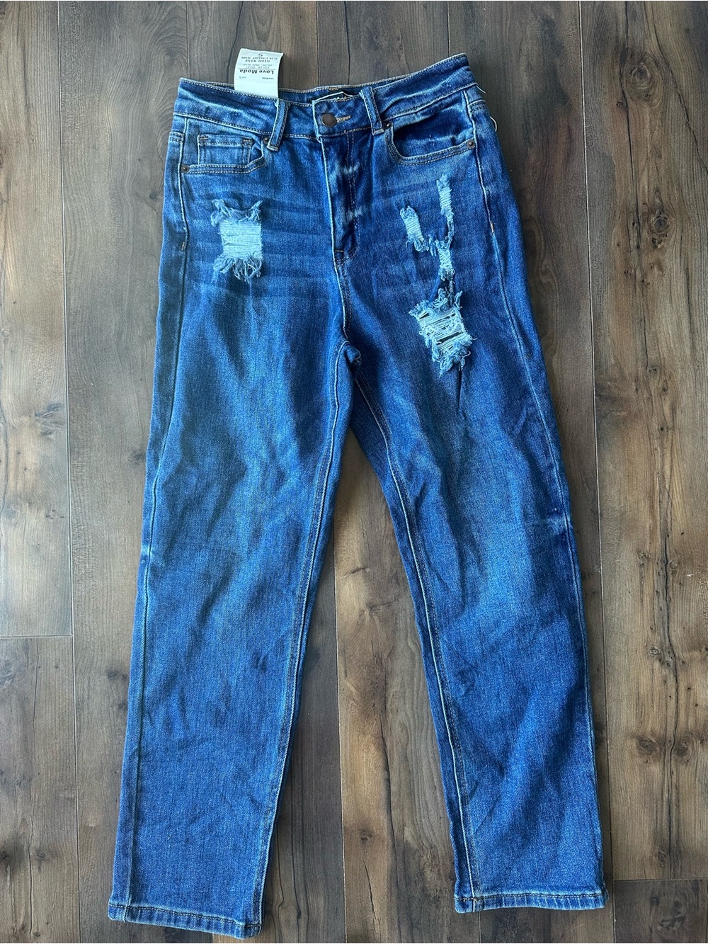 NWT Love Moda High Rise Distressed Straight Leg Jeans Dark Blue Size 5